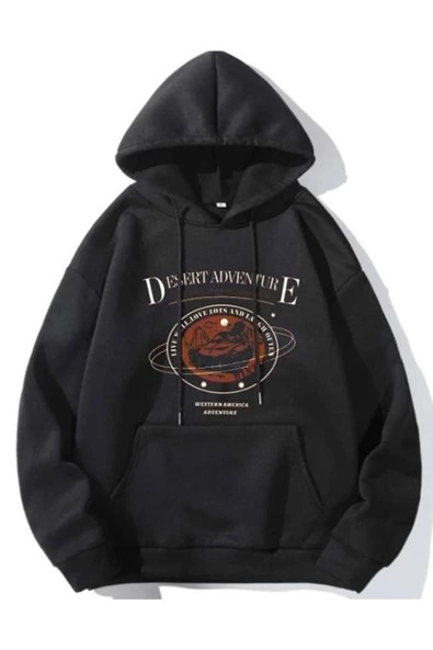 Kadın Siyah Desert Baskılı Oversize Kapşonlu Sweatshirt ürün görseli 1