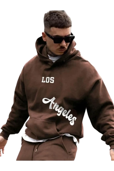 Erkek Kahverengi Los Angeles Baskılı Oversize Kapşonlu Sweatshirt ürün görseli 1