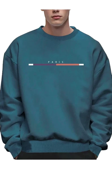 Erkek Petrol Mavi Paris Baskılı Oversize Bisiklet Yaka Sweatshirt ürün görseli 1
