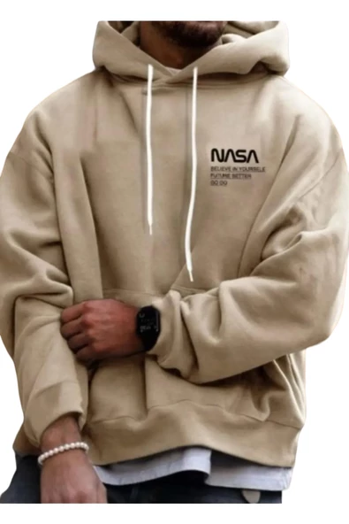 Erkek Bej Nasa Yazı Detay Baskılı Oversize Sweatshirt ürün görseli 1