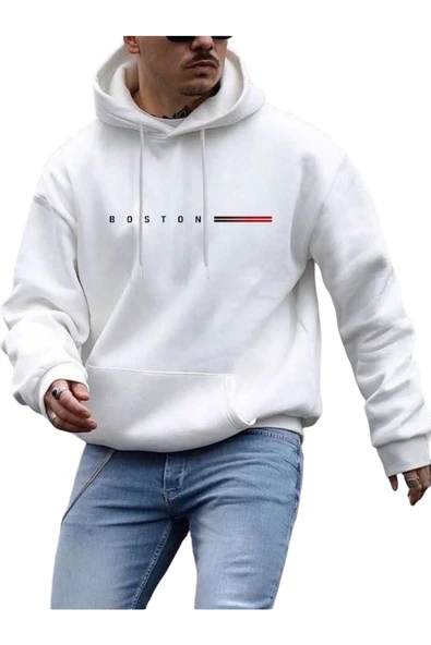 Erkek Boston Baskılı Oversize Kapşonlu Sweatshirt ürün görseli 1