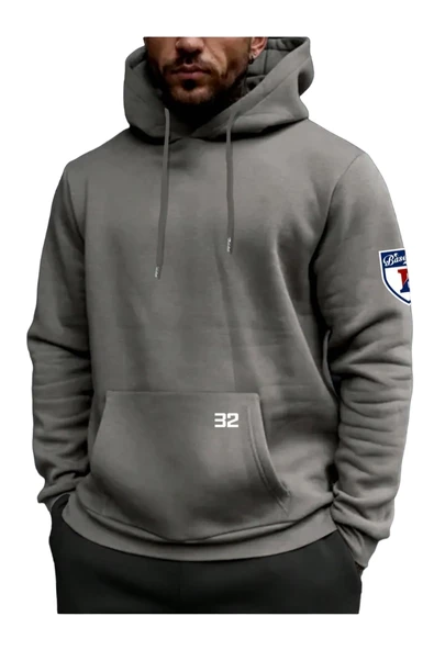 Erkek Duman Gri Baseball Baskılı Kapüşonlu Sweatshirt ürün görseli 1