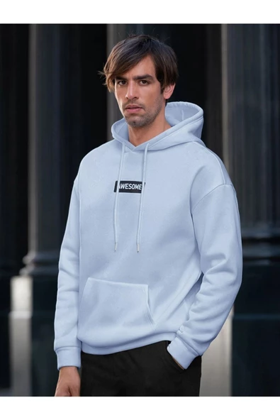 Erkek Awesome Baskılı Oversize Kapşonlu Sweatshirt - Resim 3