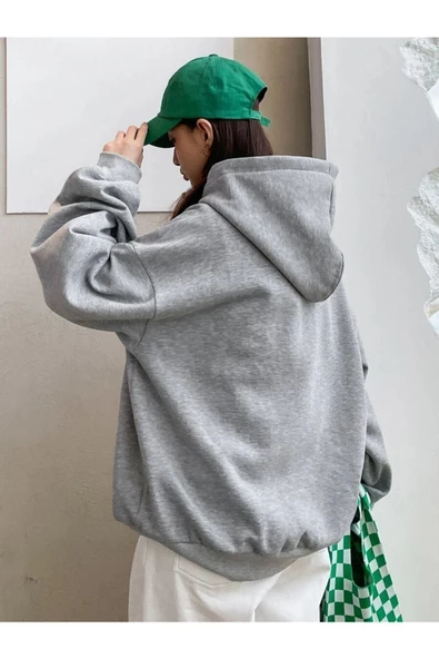 Gri Nice Baskılı Oversize Kapşonlu Sweatshirt - Resim 4