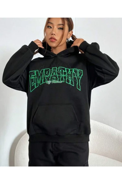 Kadın Siyah Empathy Baskı Kapüşonlu Sweatshirt - Resim 2