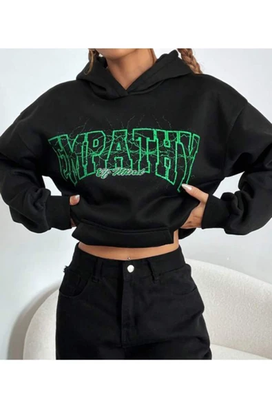 Kadın Siyah Empathy Baskı Kapüşonlu Sweatshirt - Resim 3