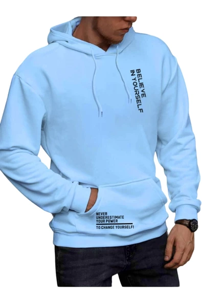 Erkek Believe Baskılı Oversize Kapşonlu Sweatshirt ürün görseli 1