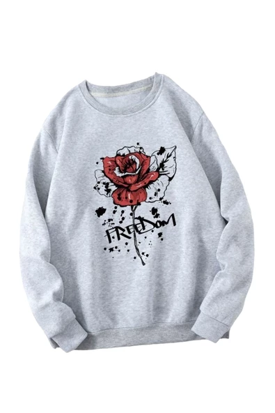 Kadın Gri Gül Freedom Bisiklet Yaka Sweatshirt ürün görseli 1