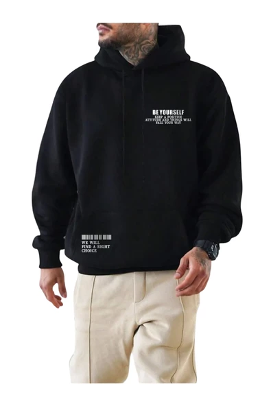 Erkek Siyah Be Yourself Baskılı Oversize Kapşonlu Sweatshirt ürün görseli 1