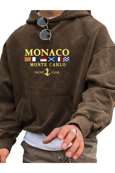 Erkek Monaco Baskılı Oversize Kapşonlu Sweatshirt - Resim 3