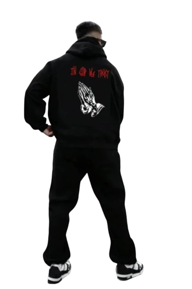 Erkek Siyah Sırt God We Baskılı Oversize Kapşonlud Sweatshirt ürün görseli 1