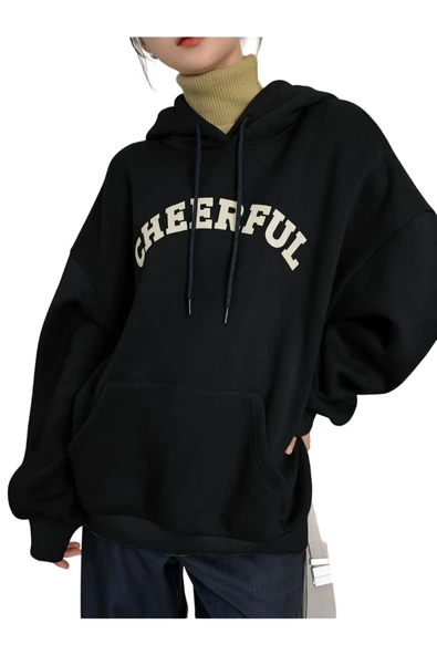 Siyah Cheerful Baskılı Oversize Kapüşonlu Sweatshirt ürün görseli 1