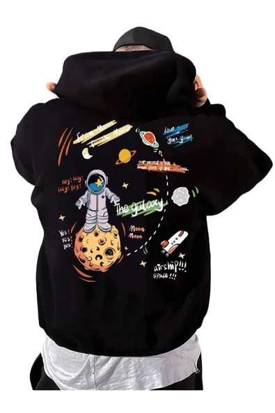 Erkek Siyah Sırt Uzay Baskılı Oversize Kapşonlu Sweatshirt ürün görseli 1