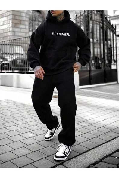 Erkek Believer Baskılı Oversize Kapşonlu Sweatshirt - Resim 8