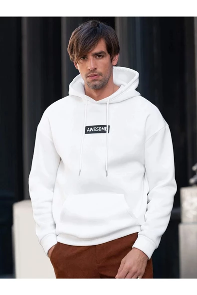 Erkek Awesome Baskılı Oversize Kapşonlu Sweatshirt - Resim 8