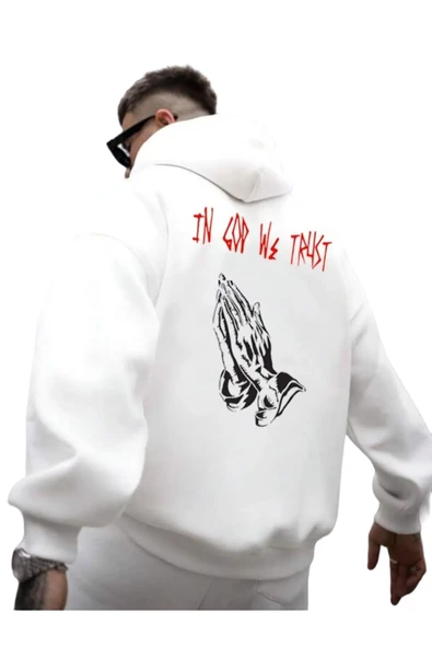 Erkek Beyaz Sırt God We Trust Baskılı Kapüşonlu Sweatshirt ürün görseli 1
