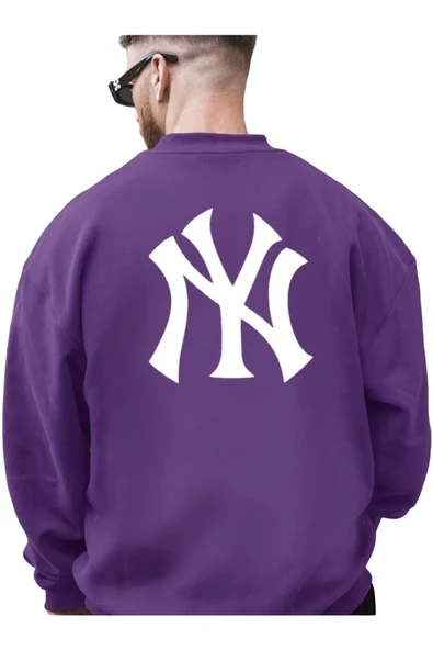 Erkek NY Ön Arka Baskılı Oversize Bisiklet Yaka Sweatshirt ürün görseli 1