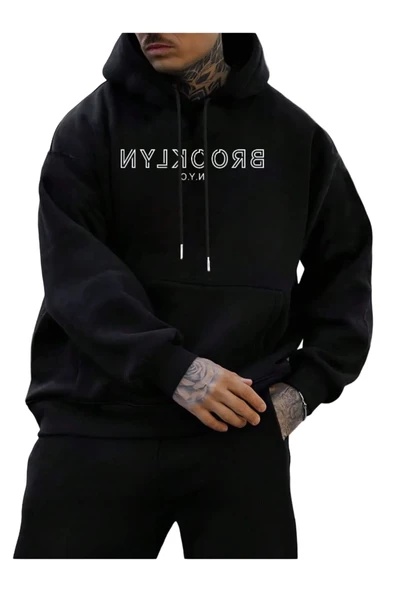 Erkek Siyah Ters Brooklyn Baskılı Kapüşonlu Sweatshirt ürün görseli 1
