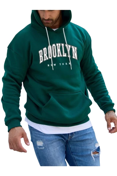 Erkek Brooklyn Baskılı Oversize Kapşonlu Sweatshirt - Resim 2