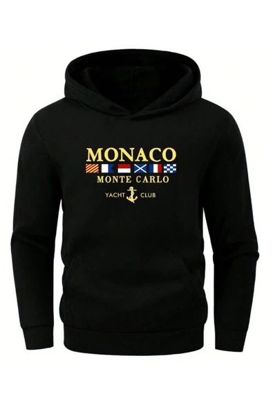 Erkek Monaco Baskılı Oversize Kapşonlu Sweatshirt - Resim 4
