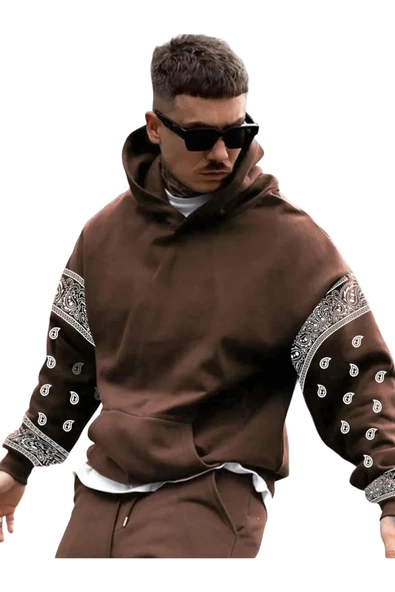 Erkek Kahverengi Kol Desenli Oversize Kapşonlu Sweatshirt ürün görseli 1