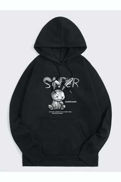 Tavşan Baskılı Oversize Kapüşonlu Sweatshirt - Resim 7