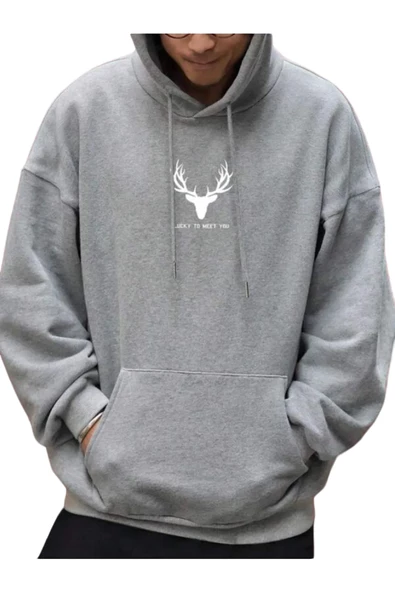 Erkek Geyik Baskı Kapüşonlu Sweatshirt ürün görseli 1