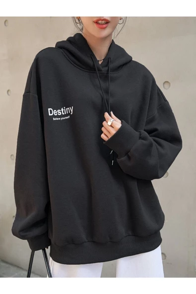 Unisex Destiny Baskılı Oversize Kapşonlu Sweatshirt - Resim 8
