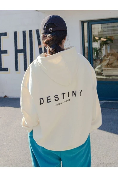 Unisex Destiny Baskılı Oversize Kapşonlu Sweatshirt - Resim 5