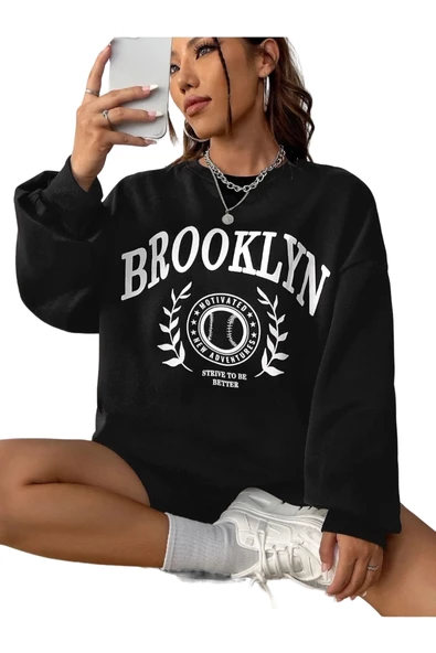 Unisex Siyah Brooklyn Baskılı Bisiklet Yaka Oversize Sweatshirt ürün görseli 1