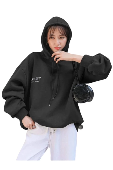 Unisex Destiny Baskılı Oversize Kapşonlu Sweatshirt - Resim 2