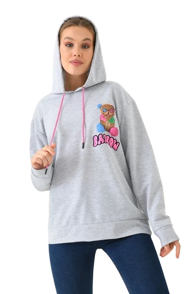 Unisex  Barrow Baskılı Oversize Kapşonlu Sweatshirt - Resim 3