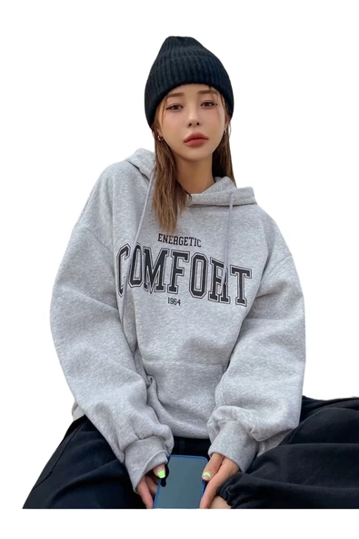 Unisex Gri Comfort Baskılı Oversize Kapşonlu Sweatshirt ürün görseli 1