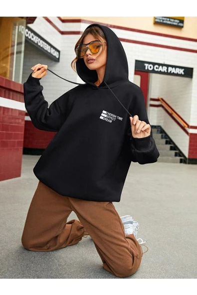 Unisex Effect Baskılı Oversize Kapşonlu Sweatshirt - Resim 8
