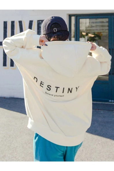 Unisex Destiny Baskılı Oversize Kapşonlu Sweatshirt - Resim 3