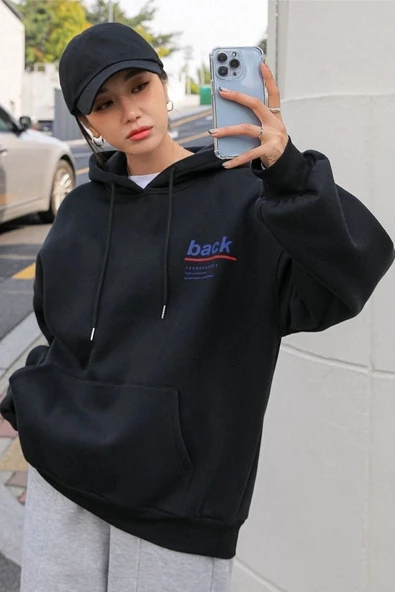 Unisex Back Baskılı Oversize Kapşonlu Sweatshirt - Resim 5
