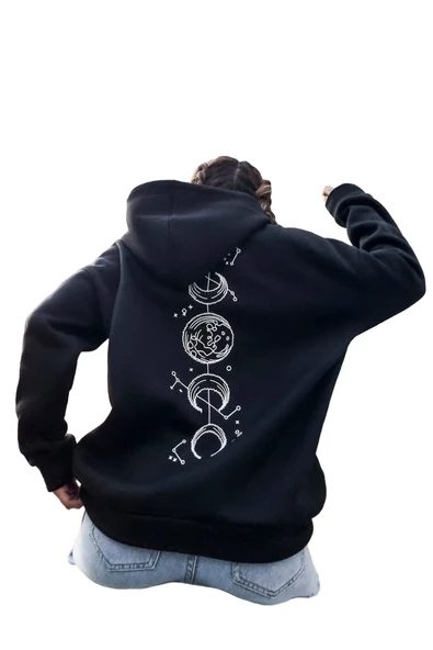 Unisex Siyah Galaksi Baskılı Oversize Kapşonlu Sweatshirt ürün görseli 1