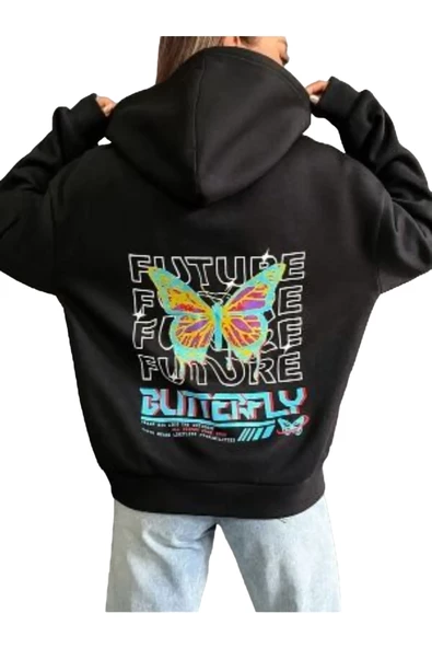 Unisex Siyah Future Sırt Baskılı Kapşonlu Oversize Sweatshirt ürün görseli 1