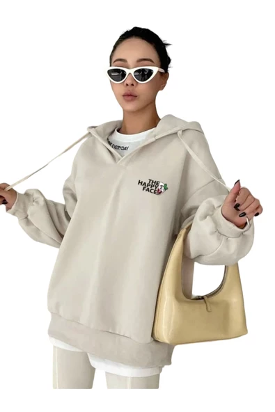 Unisex Happy Baskılı Oversize Kapüşonlu Sweatshirt ürün görseli 1