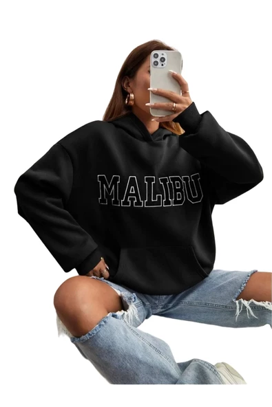 Unisex Siyah Malibu Baskılı Kapşonlu Oversize Sweatshirt ürün görseli 1