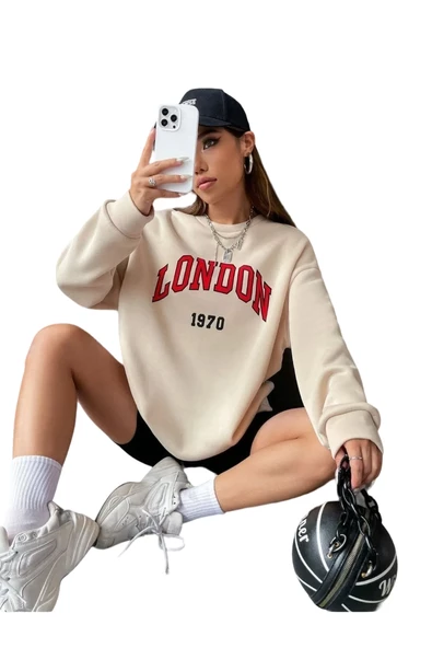 Unisex Bej London Baskılı Bisiklet Yaka Oversize Sweatshirt ürün görseli 1