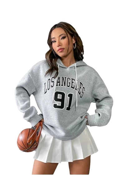 Unisex Los Angeles 91 Baskılı Oversize Kapşonlu Sweatshirt ürün görseli 1
