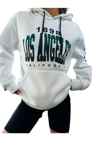 Unisex Beyaz Los Angeles Kol Baskılı Kapşonlu Oversize Sweatshirt ürün görseli 1