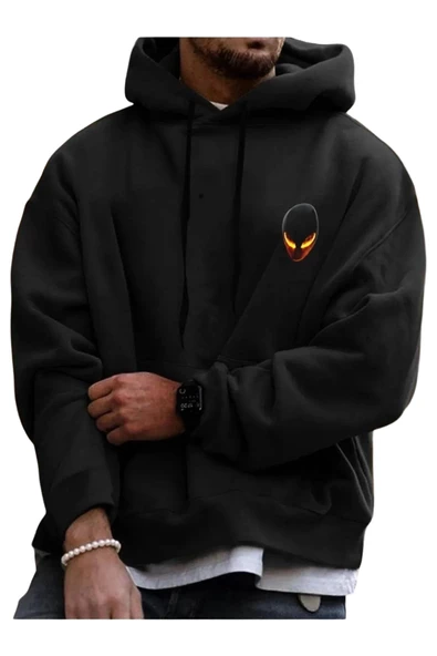 Unisex Yeşil Alien Baskılı Kapşonlu Oversize Sweatshirt ürün görseli 1