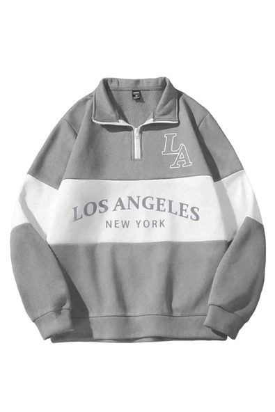 Unisex Los Angeles Baskılı Oversize Parçalı Polo Yaka Fermuarlı Sweatshirt ürün görseli 1