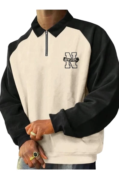 Unisex Ny Baskılı Oversize Polo Yaka Fermuarlı Sweatshirt ürün görseli 1