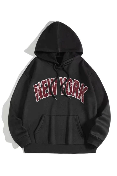 Unisex Siyah Newyork Baskılı Kapşonlu Oversize Sweatshirt ürün görseli 1