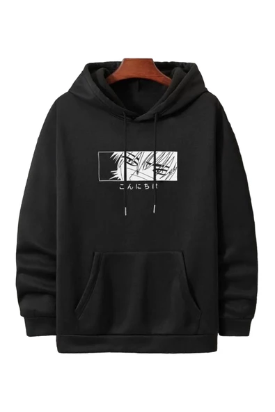 Unisex Siyah Ön Baskı Detaylı Oversize Kapşonlu Sweatshirt ürün görseli 1