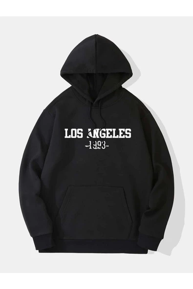 Unisex Siyah Los Angeles Baskılı Oversize Kapşonlu Sweatshirt ürün görseli 1