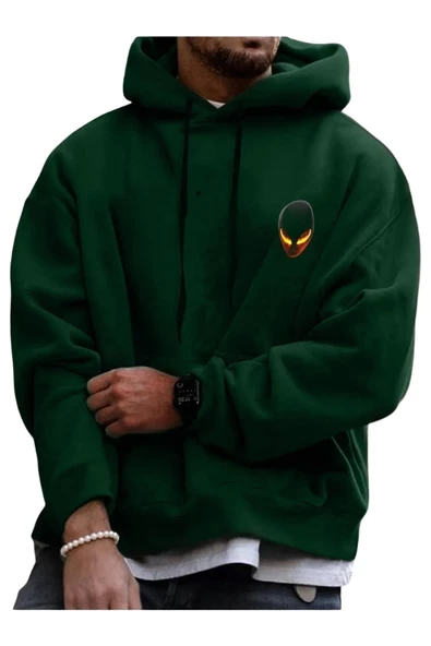 Unisex Yeşil Alien Baskılı Kapşonlu Oversize Sweatshirt - Resim 2